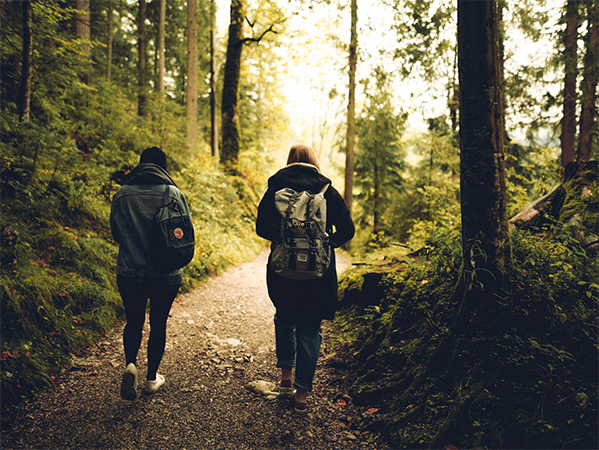 Two people walking in the woods.
