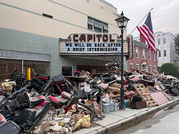 Debris from the July 2023 in front of the famed Capitol theater in Montpelier Vermont.