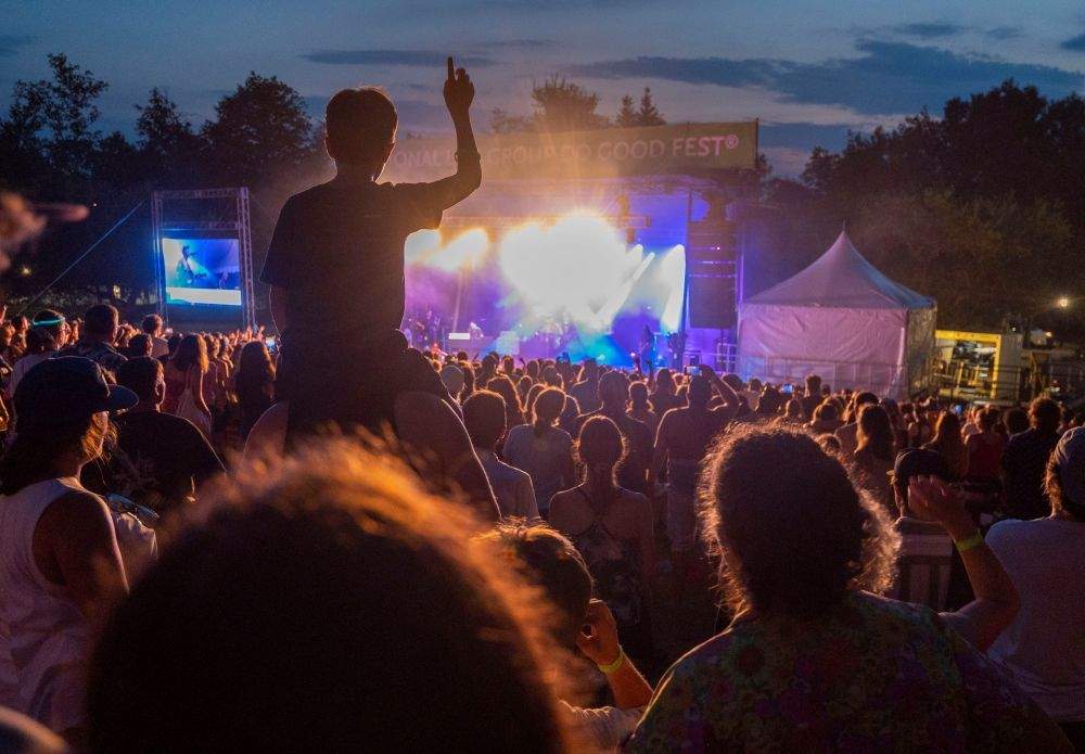 a view from behind of people at a concert looking at a stage at night