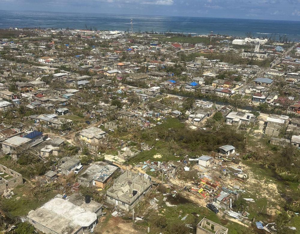 An aerial view of Black River, one of the Jamaica’s most impacted areas, after Hurricane Melissa