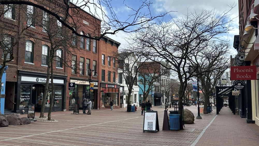 Church Street in Burlington, VT with the Phoenix Books sign