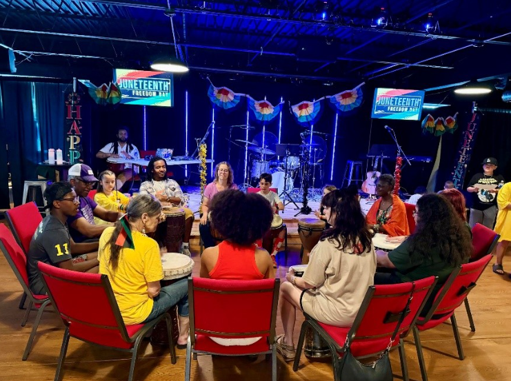 Social justice facilitator Otha Day leads participants in a community drumming activity during a youth-organized Juneteenth festival. This activity was funded by a 2024 Opportunity Fund for Southshire Youth grant awarded to the Southwest Vermont Supervisory Union.